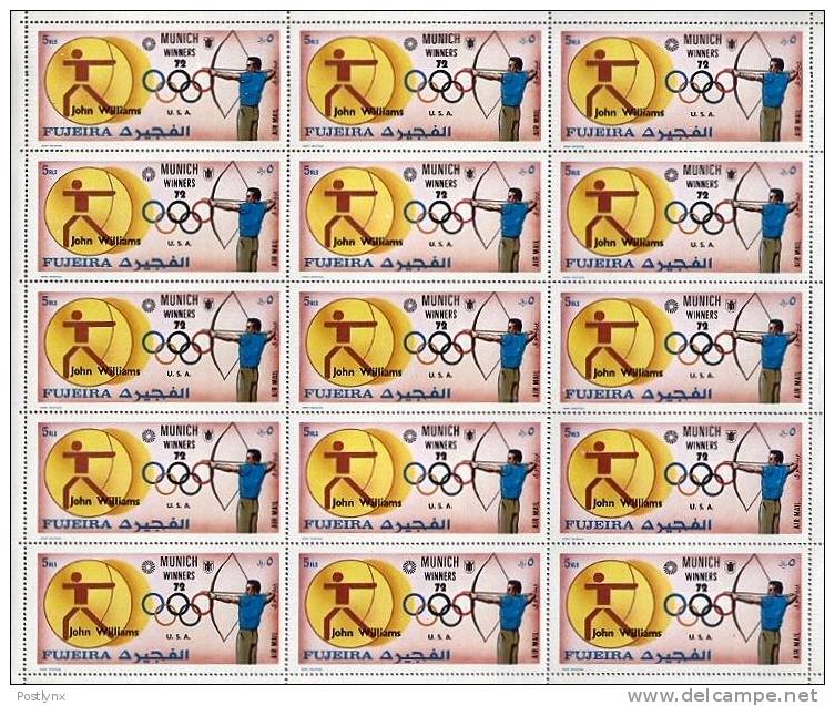 BULK:2 X OLYMPICS Fujeira 1972,Munich Usa Williams Archery 5R,SHEET:15 Stamps[feuilles,Ganze Bogen,hojas,foglios,vellen] - Fujeira