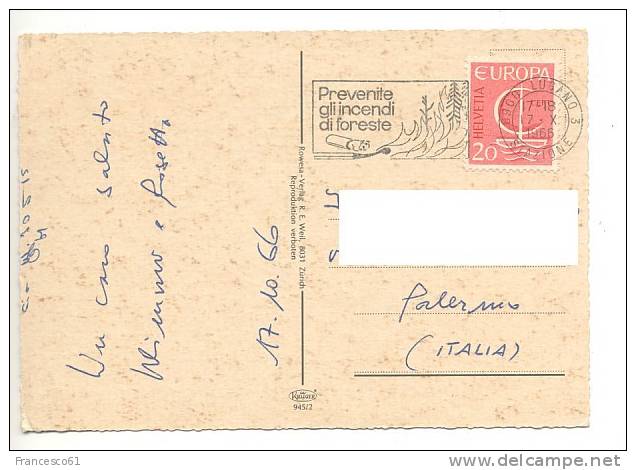 SVIZZERA HELVETIA 1966 Europa CEPT 20 Postcard To Italy - Brieven En Documenten