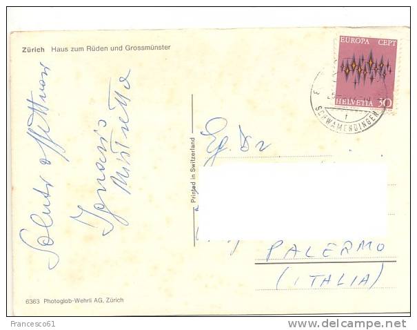 SVIZZERA HELVETIA 1972 Europa CEPT 30 Postcard To Italy - Brieven En Documenten