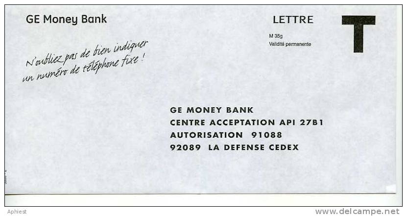 Lettre T GE Money Bank - La Défense - Numéro De Téléphone - Meilleurs Délais - Pli D'origine - Cards/T Return Covers