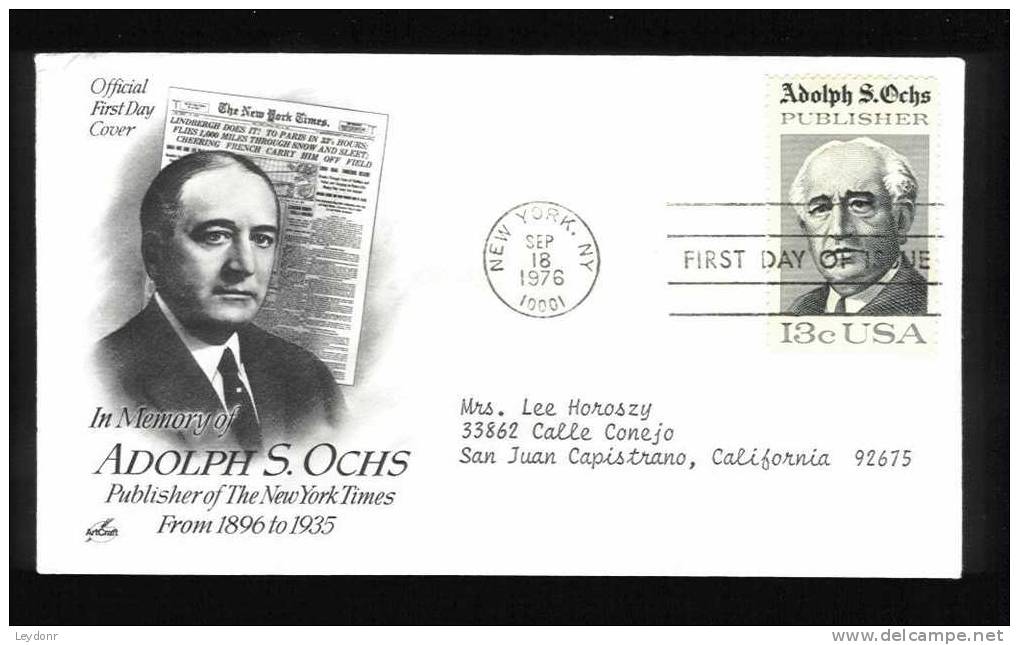 FDC Adolph S. Ochs - Publisher Of The New York Times 1976 - 1971-1980