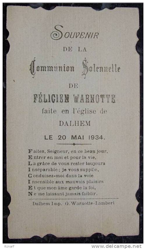 Faire Parts De Communion De DALHEM En 1934 De Félicien Warnotte . - Autres & Non Classés