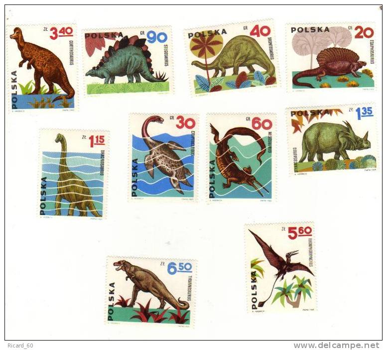 Série Neuve** De Pologne, N°1423-32, Animaux Préhistoriques: Dinosaures - Neufs