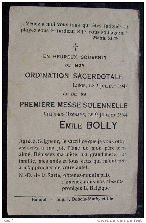 Faire-parts De Communion De VILLE-EN-HESBAYE En 1944 De EMILE BOLLY , Imprimé à HANNUT . - Other & Unclassified