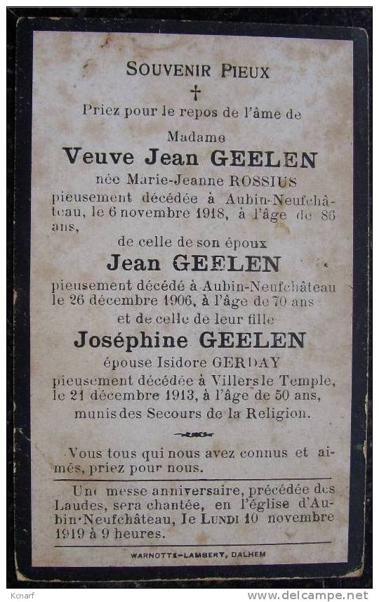 Faire-parts De Décès De AUBIN-NEUFCHÂTEAU / VILLERS LE TEMPLE En 1919  GEELEN , Imprimé à DALHEM . - Autres & Non Classés