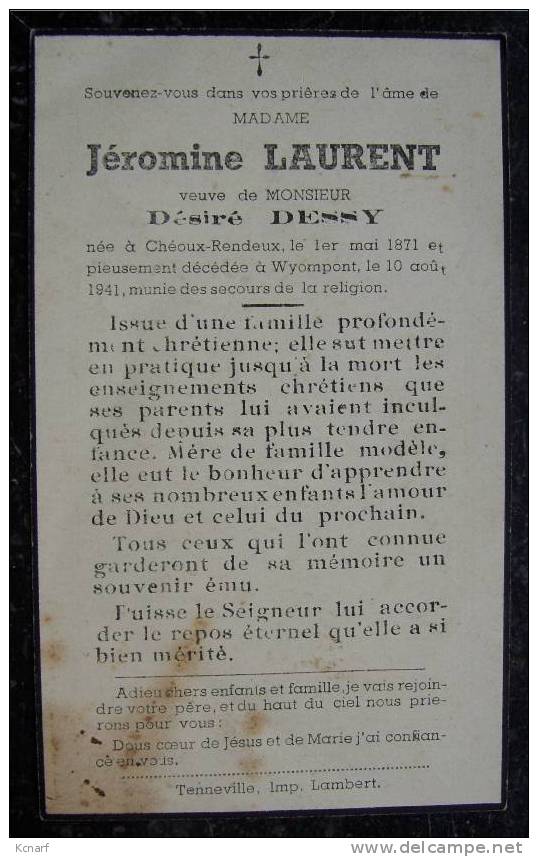 Faire-parts De Décès De CHEOUX-RENDEUX / WYONPONT En 1941 De DESIRE DESSY , Imprimé à TENNEVILLE  . - Andere & Zonder Classificatie