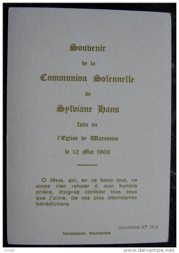 Faire-parts De Communion De WAREMME En 1968 De SYLVIANE HANS  . - Andere & Zonder Classificatie