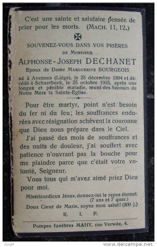 Faire-parts De Décès De AVENNES / SCHAERBEEK En 1925 De ALPHONSE-JOSEPH DECHANET . - Other & Unclassified