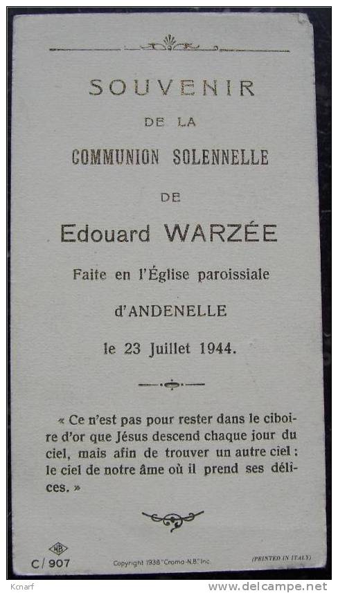 Faire-parts De Communion De ANDENELLE En 1944 De EDOUARD WARZEE . - Other & Unclassified