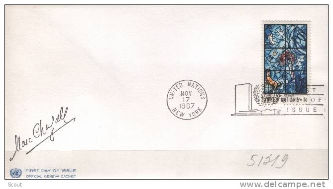 ONU NEW YORK - 1967 - ARTE, VETRATA DI MARC CHAGALL - YT 174 FDC - Covers & Documents