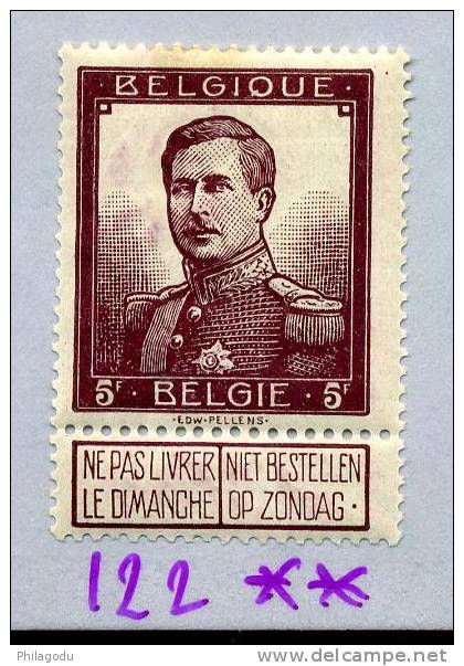 Roi Albert  5F  De 1911  Nr 122 Neuf Luxe Postfris SANS CHARNIERE  Cote 255 Euros - 1912 Pellens