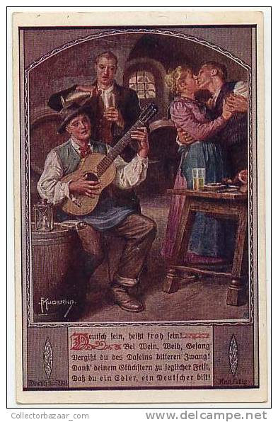 VINTAGE Ca1900 POSTCARD Artist Signal FKUDERNA Party Guitar Drinks - Kuderna