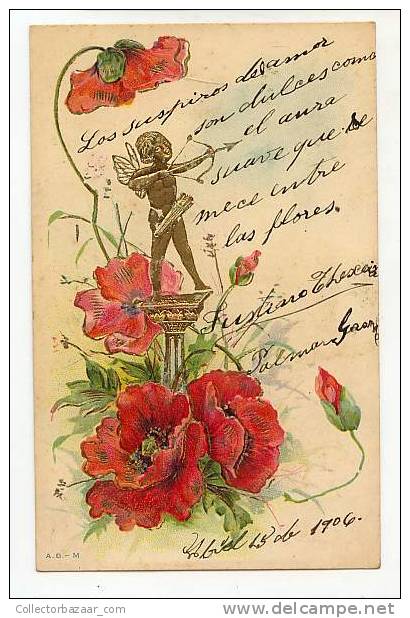 VINTAGE Ca1900 POSTCARD Angel Cupid Flowers - Otros & Sin Clasificación