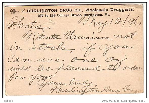 GOOD OLD USA POSTAL CARD 1896 - One Cent - Office Of BURLINGTON - ...-1900