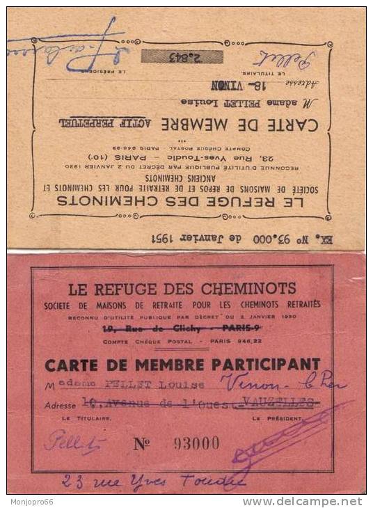 Carte De Menbre LE REFUGE DES CHEMINOTS Au Nom De Pellet Louise De Vinon Et De 1951 à 1965 - Documentos Históricos