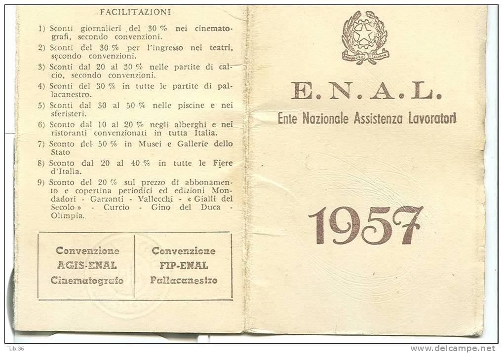 ENAL -SOCIO TESSERA N.89128  - 1957- BOLOGNA - Otros & Sin Clasificación