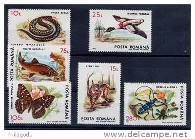 Roumanie. 1993. Yv. 4088/4093  **Poissons, Serpent, Canard, Papillon, Lynx, Scarabée - Neufs