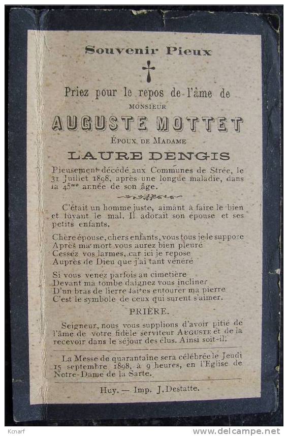 Faire-parts De Décès De STREE En 1898 De AUGUSTE MOTTET , Imprimé à HUY . - Other & Unclassified