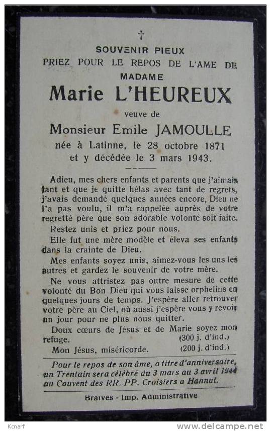 Faire-parts De Décès De LATINNE En 1943 De MARIE LHEUREUX , Imprimé à BRAIVES . - Other & Unclassified