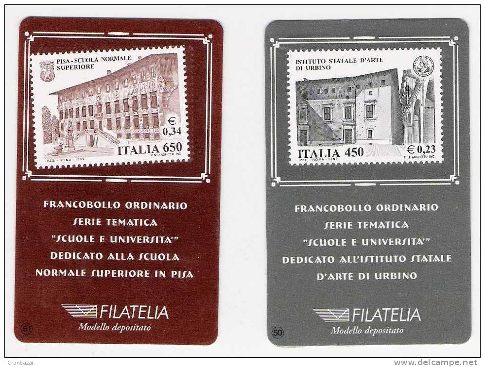 TESSERE FILATELICHE 1999 N. 50, 51, " SCUOLE E UNIVERSITA ", NUOVE PERFETTE, TESSERA FILATELICA - Philatelistische Karten