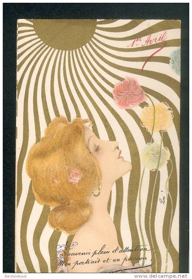 Superbe Carte Art Nouveau Chromolithographie  Illustrée Par Kirchner Femme Fleur Soleil Premier Avril - Kirchner, Raphael
