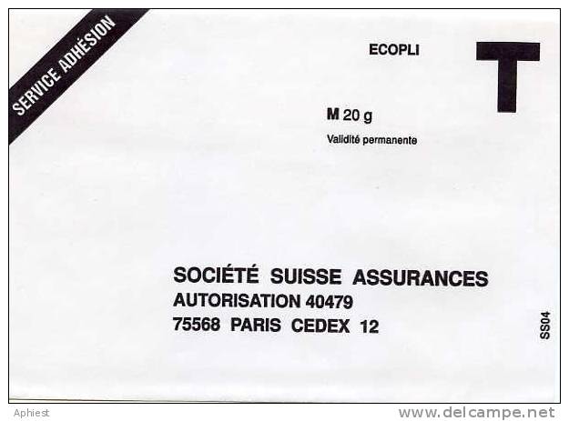 Enveloppe Réponse T - Société Suisse Assurance  -Paris - Kaarten/Brieven Antwoorden T