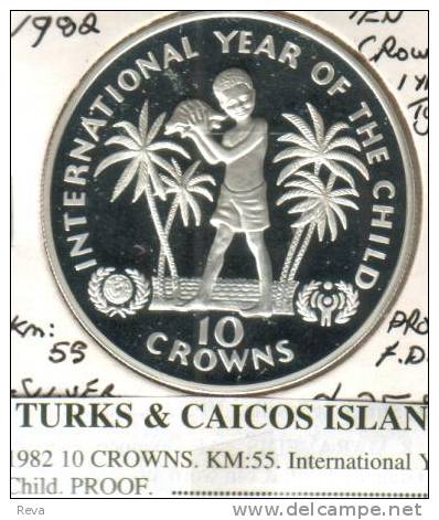 TURKS & CAICOS ISLANDS 10 CROWNS YEAR OF CHILD QEII HEAD BACK 1982 KM55 PROOF SILVER READ DESCRIPTION CAREFULLY!!! - Turks En Caicoseilanden