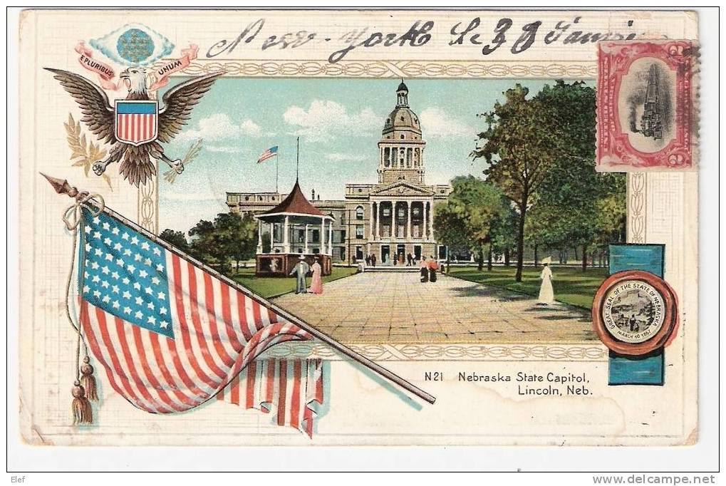 USA : Yvert N° 139, 2c ,"Train " Obl Sur Carte Nebraska State Capitol ,LINCOLN.+ Flag /Drapeau Et Armes ;>MEILLAND, - Covers & Documents