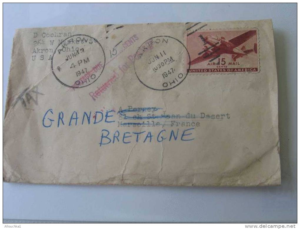 MARCOPHILIE LETTRE TAXEE POSTAGE DUE 15CENTS  DE 1947  AKRON OHIO P/ GREAT BRITAIN  AIR MAIL TAX - Postage Due