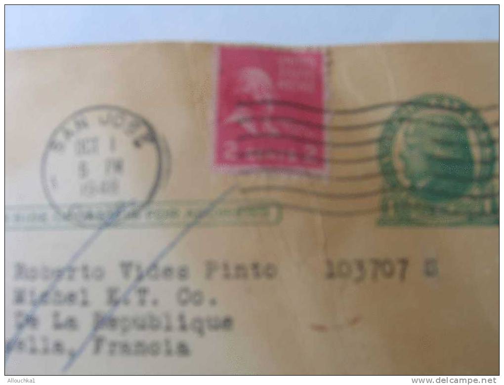 MARCOPHILIE LETTRE ENTIER POSTAL + TIMBRE RAJOUTES DE SAN JOSE CALIFORNIE 1948 P/MARSEILLE ETAT MAUVAIS - Covers & Documents