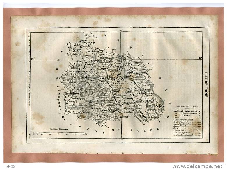 - DEPARTEMENT DU PUY DE DÔME . CARTE DU XIXe S. COLLEE SUR PAPIER - Cartes Géographiques