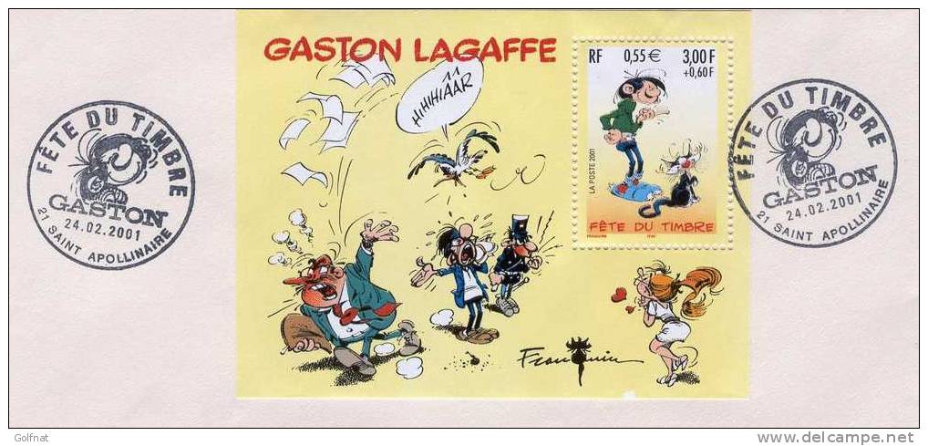 2001 CACHET FETE DU TIMBRE A SAINT APOLLINAIRE SUR BLOC GASTON LAGAFFE - Usati