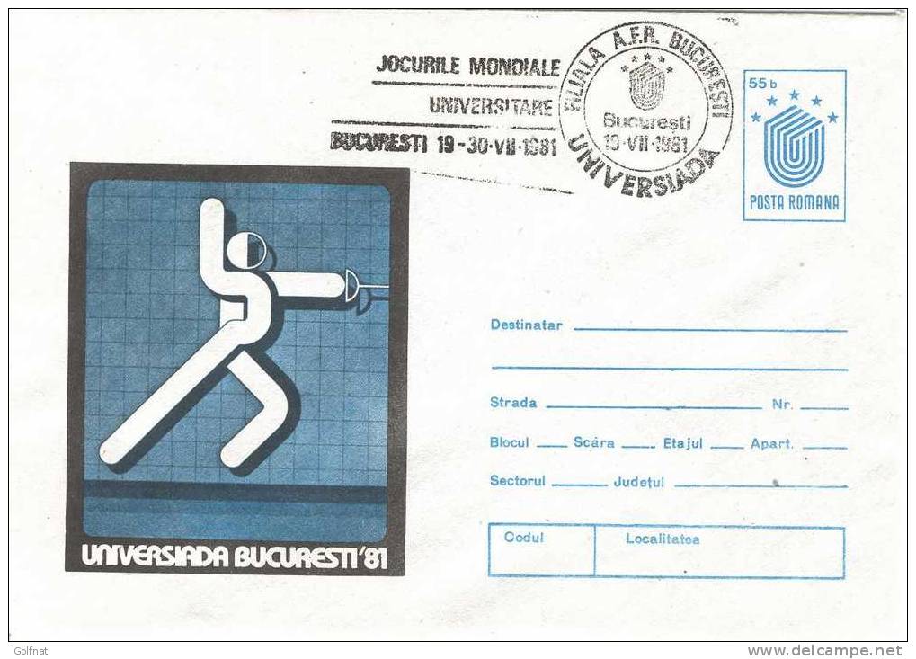 1981 ENTIER POSTAL ROUMAIN UNIVERSIADES BUCAREST ESCRIME - Scherma