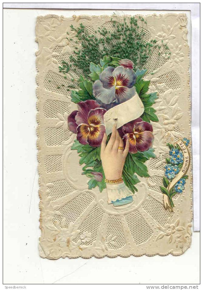 10633 Bouquet De Pensées, Carte à Collage, Imitation Dentelle, Bonne Fete, Herbes Séchées Collées - Autres & Non Classés