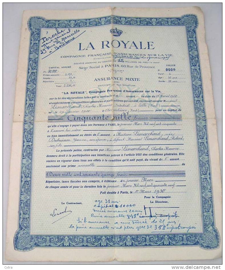 CONTRAT ASSURANCE VIE 1930 LA ROYALE - Autres & Non Classés