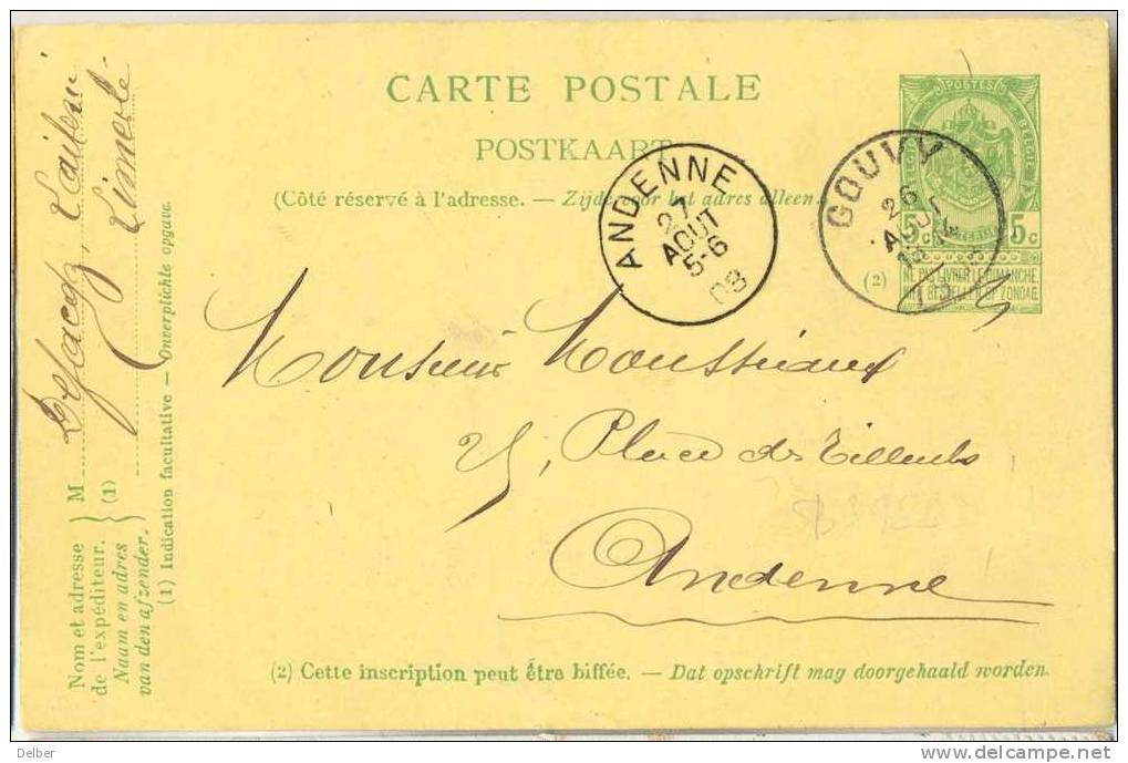 _R839:  5 Ct : CARTE POSTALE   POSTKAART : E11 : GOUVY > ANDENNE - Cartes Postales 1871-1909