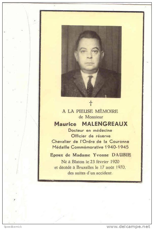 10462 Faire Part De Mort . Maurice Malengreaux, Docteur ép Yvonne Daubie . Bruxelles 1970 - Other & Unclassified