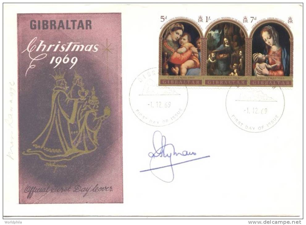 Gibraltar "Christmas" Se-tenant Strip Of 3 Stamps Autographed By Designer A. Ryman Fdc 1969 - Madonna