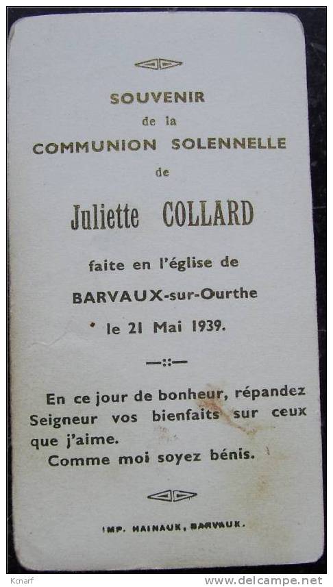 Faire-parts De Communion De BARVAUX-SUR-OURTHE En 1939 De JULIETTE COLLARD  . - Andere & Zonder Classificatie