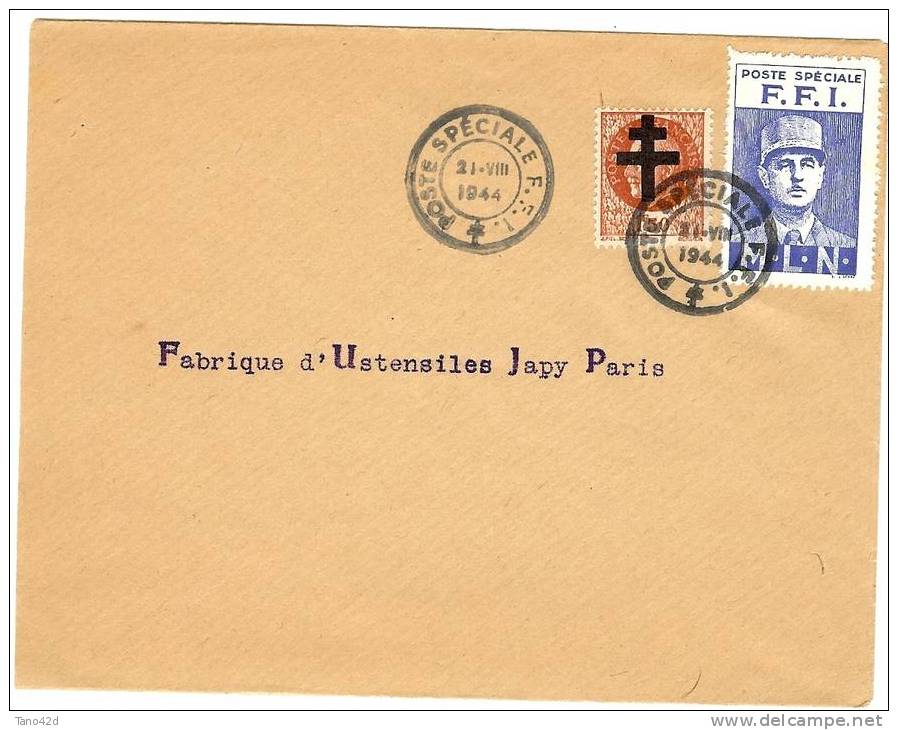 REF LRD2 - LIBERATION PARIS 1f50 PETAIN SUR LETTRE AVEC VIGNETTE "F.F.I.-M.L.N." 21/8/1944 - FABRIQUE D'USTENSILES JAPY - Libération