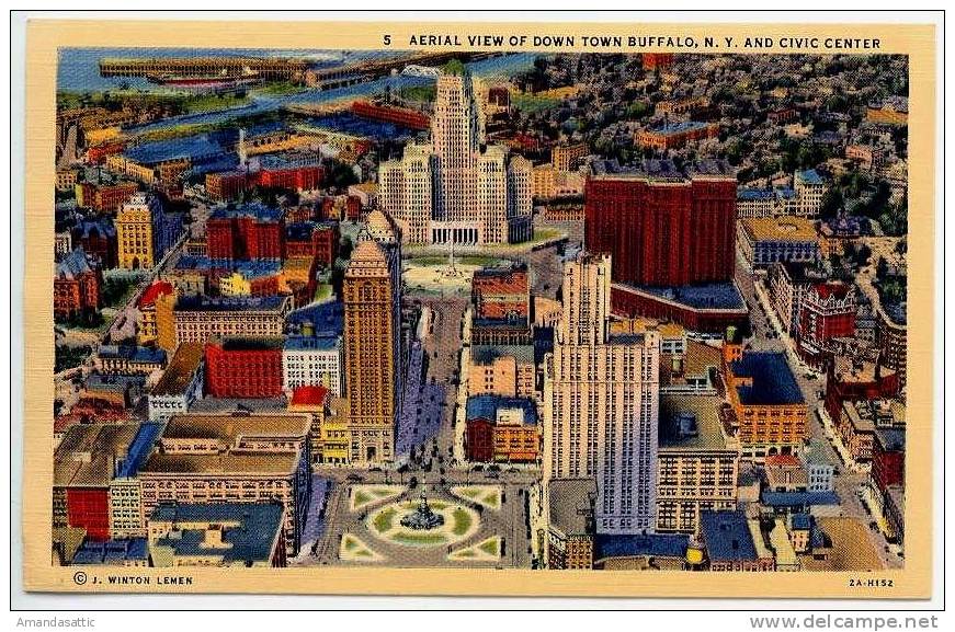 Linen Postcard: BUFFALO, NY, Bird´s Eye View, Downtown, Civic Center, 1932 - Buffalo