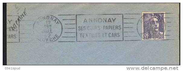 1952 France Flamme 07  Annonay  Textile Tessile  Cuir Cuoio Sur Lettre - Textile