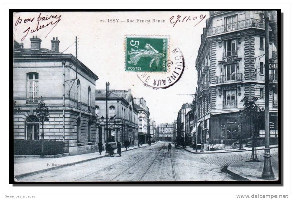 92  ISSY Les Moulineaux, Rue Ernest Renan, Animée, CPA Voyagé En 1909, Ed P.Marmuse, - Issy Les Moulineaux