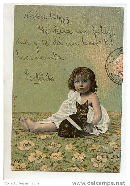 VINTAGE Ca1900 Postal Postcard With Cat And Little Girl Gato Y Niña - Gatos