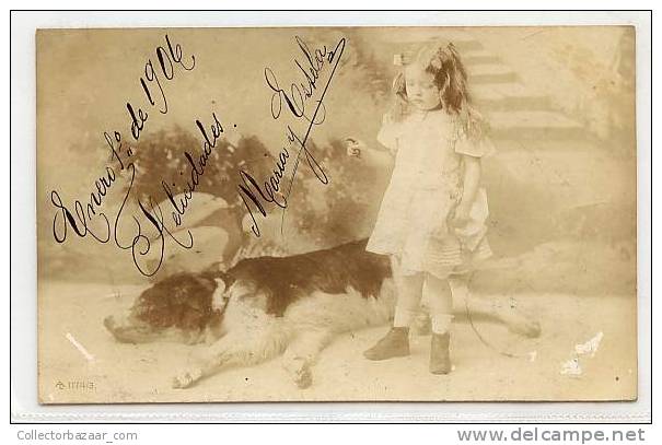 VINTAGE Ca1900 Postal Postcard With Dog Perro And Girl Niña - Perros