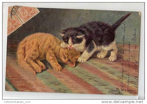 VINTAGE Ca1900 Postal Postcard With Cat Gatos Playing Jugando - Cats