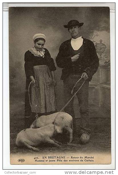 VINTAGE Ca1900 Postal Postcard With Couple And Pigs Pareja Y Cerdos - Cerdos