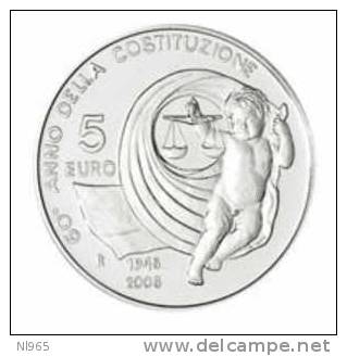 REPUBBLICA -  ITALIA 2008 (  ITALY ) 5 EURO ARGENTO FDC 60° ANNIVERSARIO DELL´ENTRATA IN VIGORE DELLA COS - Italia