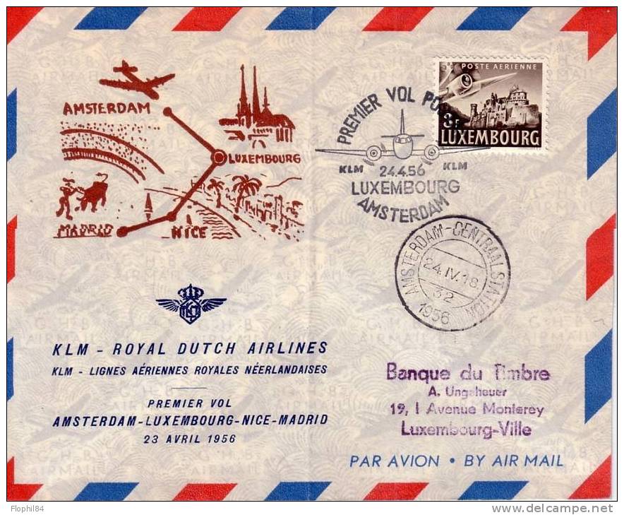 LUXEMBOURG-1er VOL POSTAL AMSTERDAM-LUXEMBOURG-NICE-MADRID DU 24-4-1956  KLM ROYAL DUTCH AIRLINES LIGNES AERIENNES ROYAL - Máquinas Franqueo (EMA)