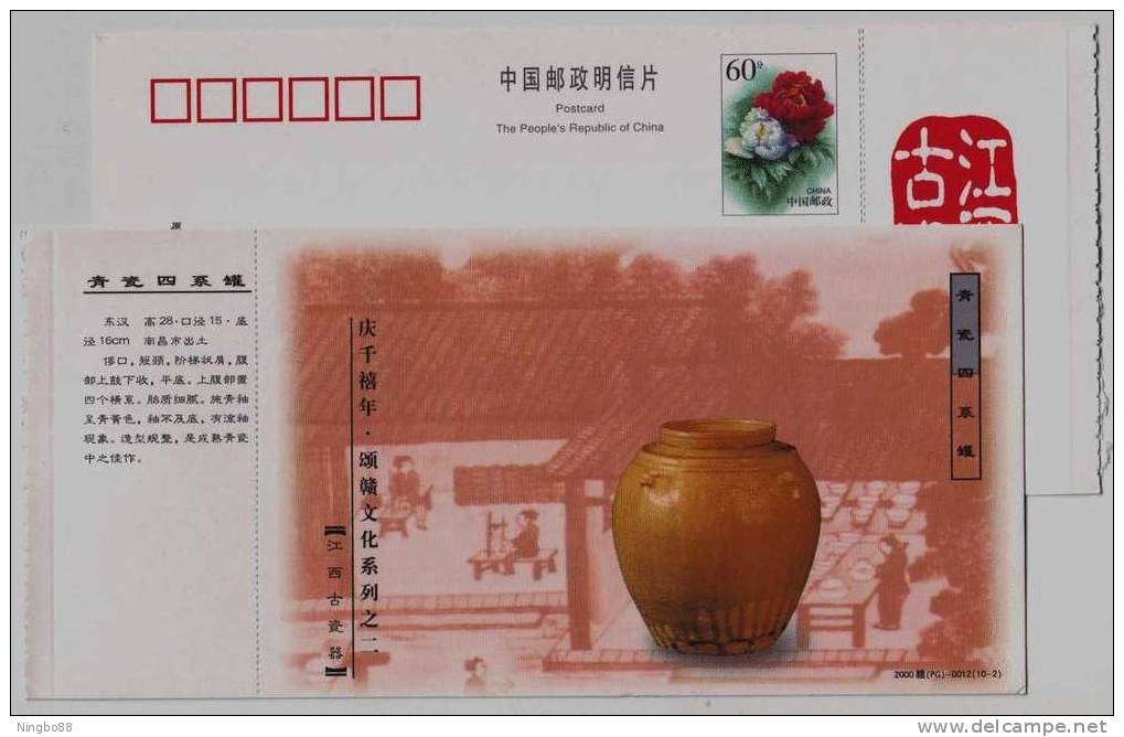 Donghan Era (A.D 25-220) Celadon Porcelain Kettle,antique,China 2000 Gan Culture Advertising Pre-stamped Card - Porselein